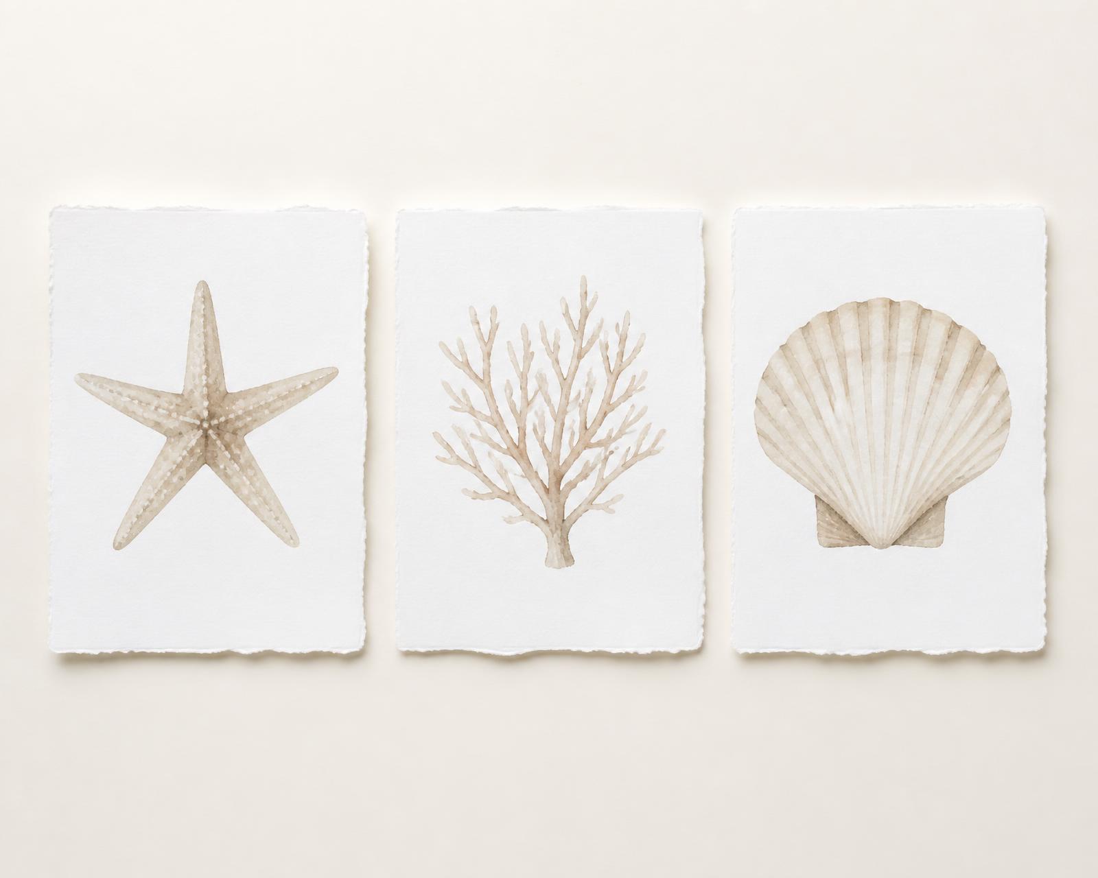 Three coastal watercolor prints on premium archival paper — starfish, coral and seashell — leaning together, no frames