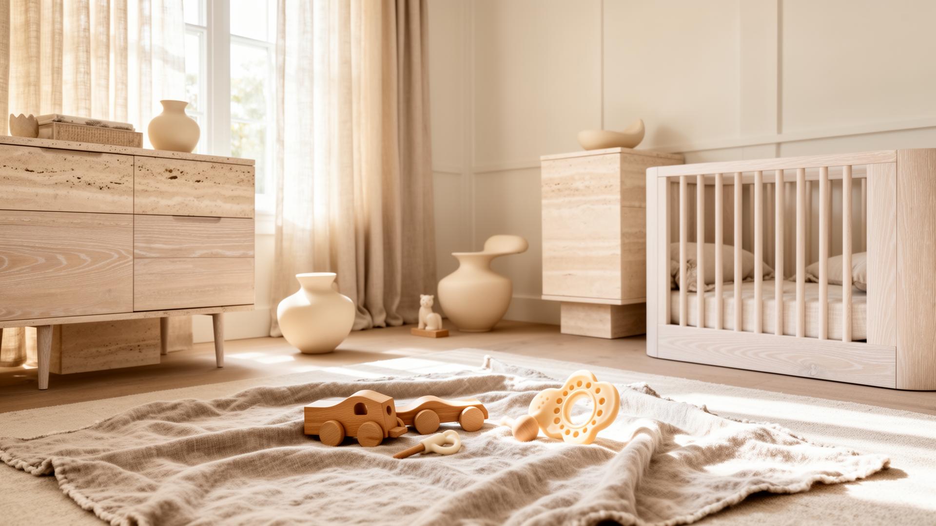 A sunlit modern nursery with white oak, travertine and linen