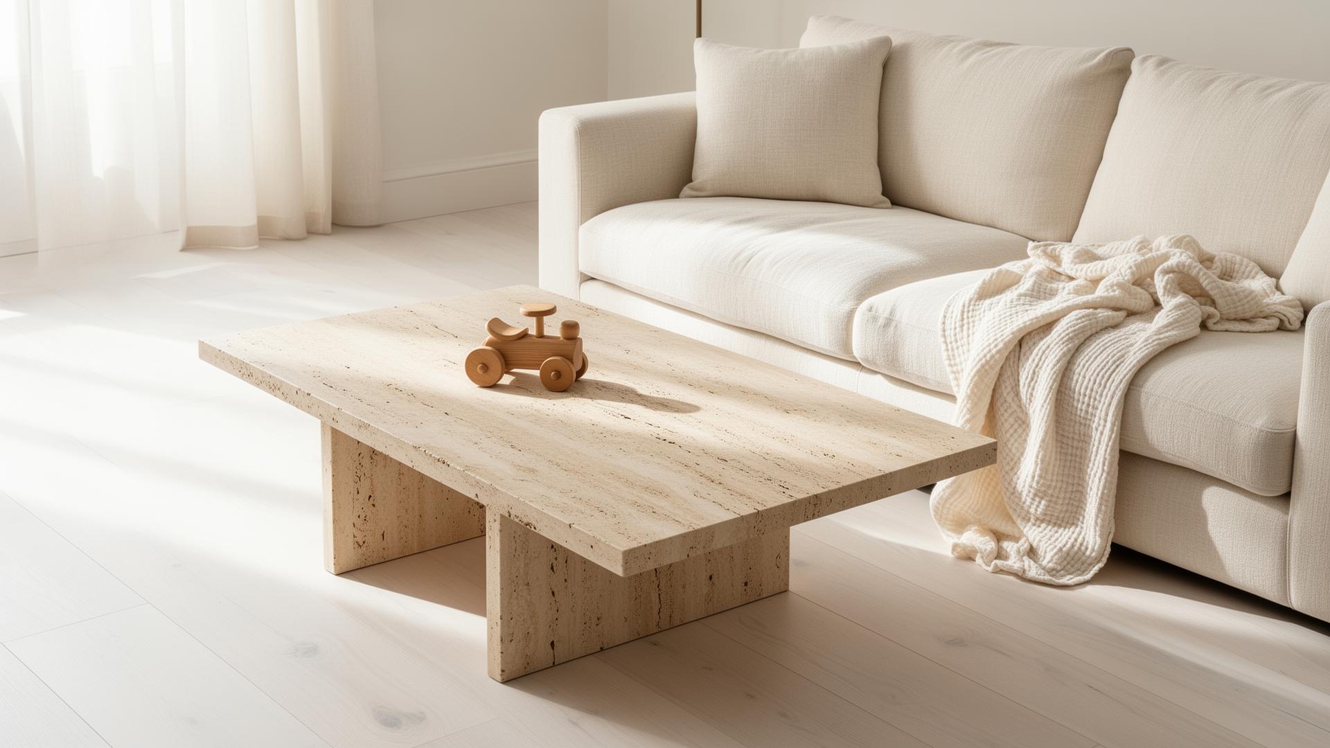 A travertine coffee table with a small wooden toy in a sunlit living room